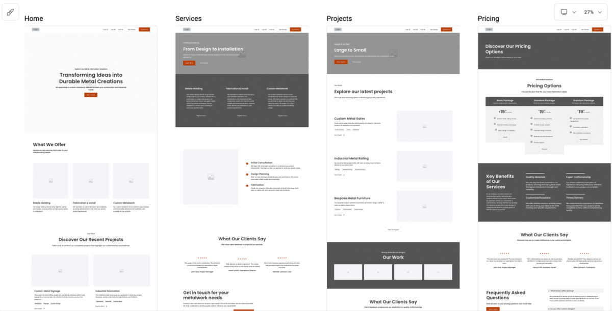 ai site planner wireframes showing website for iron dog metals