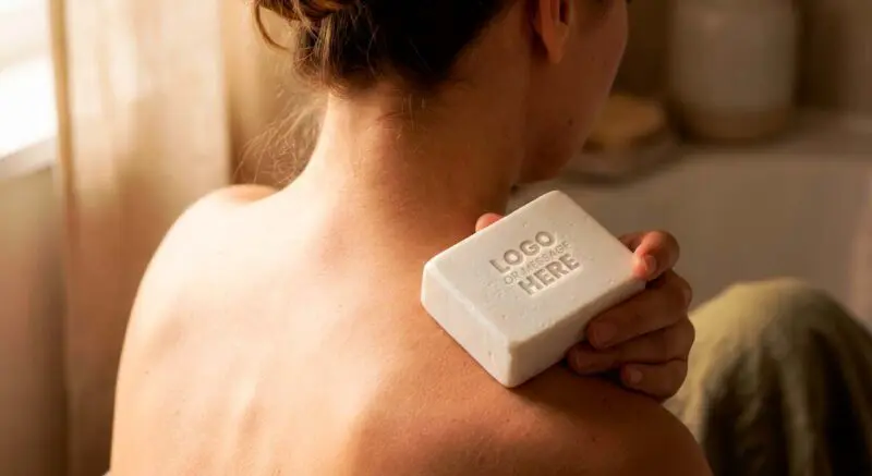 brand messaging woman with soap that says logo here