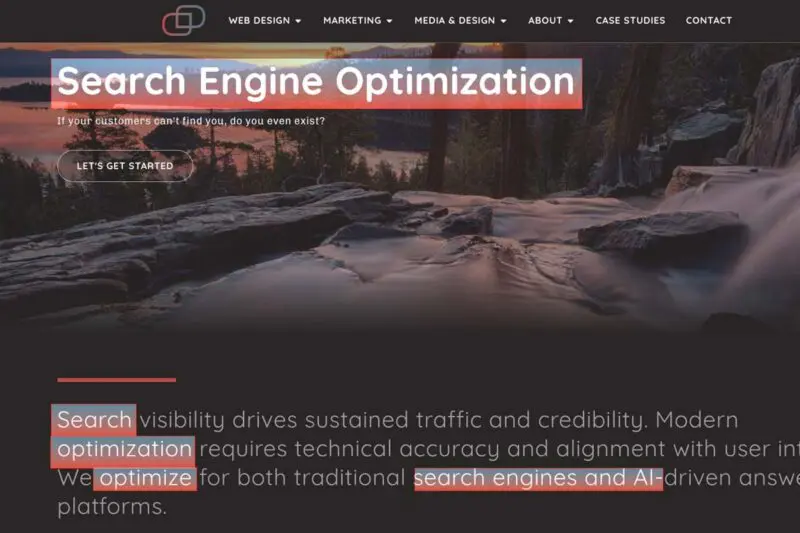 search engine optimization and aeo on page seo showing highlighted areas of this page's keywords