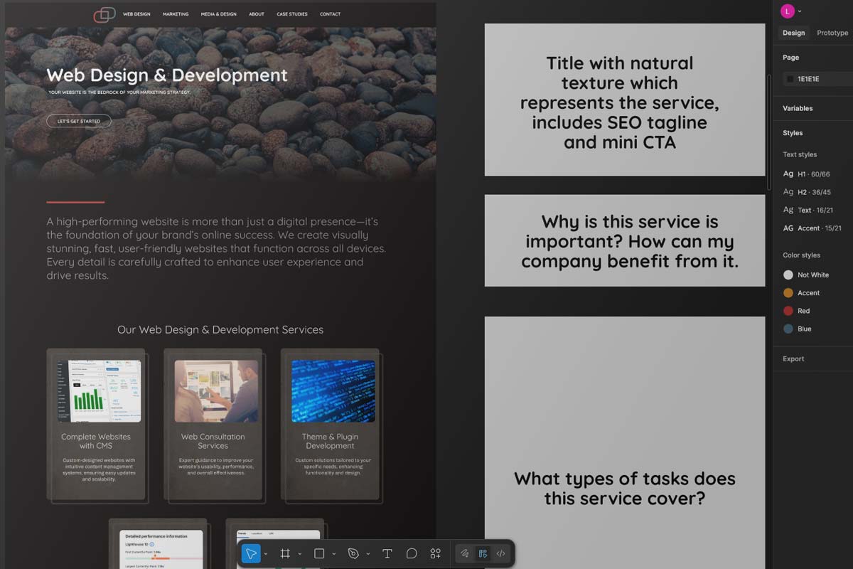 figma screen showing design with questions that help conceptualize each section of the website