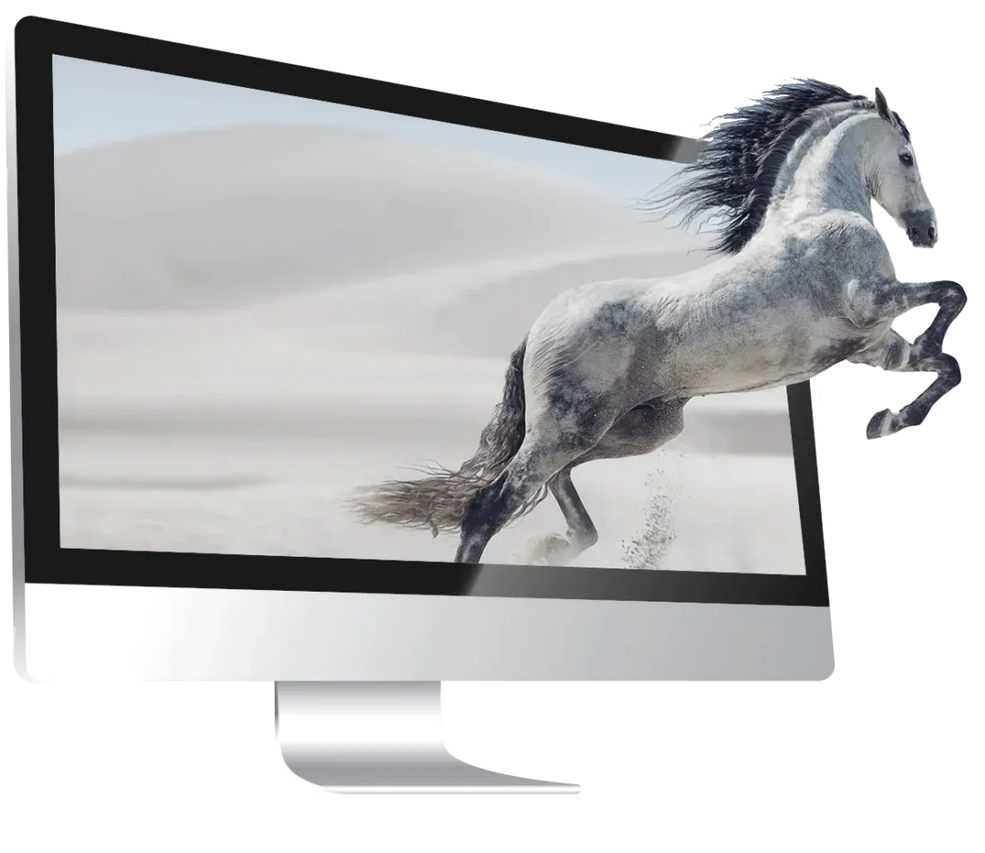 horse jumping out of a computer screen storytelling web site design