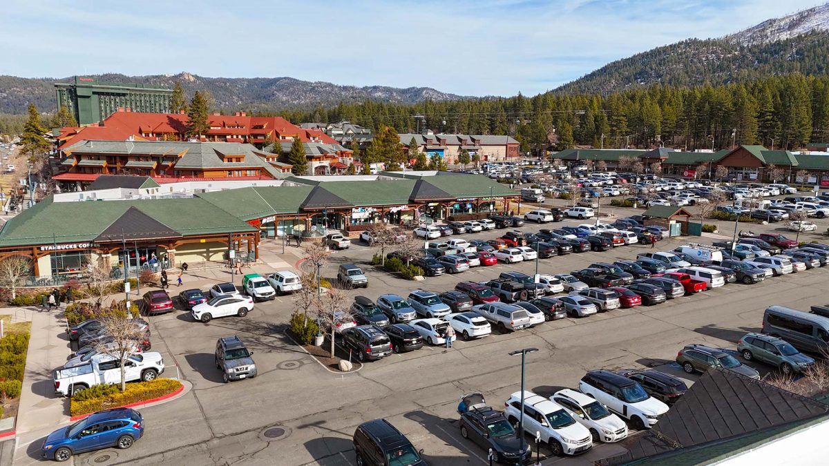 village center shopping center parking lot on a sunny day