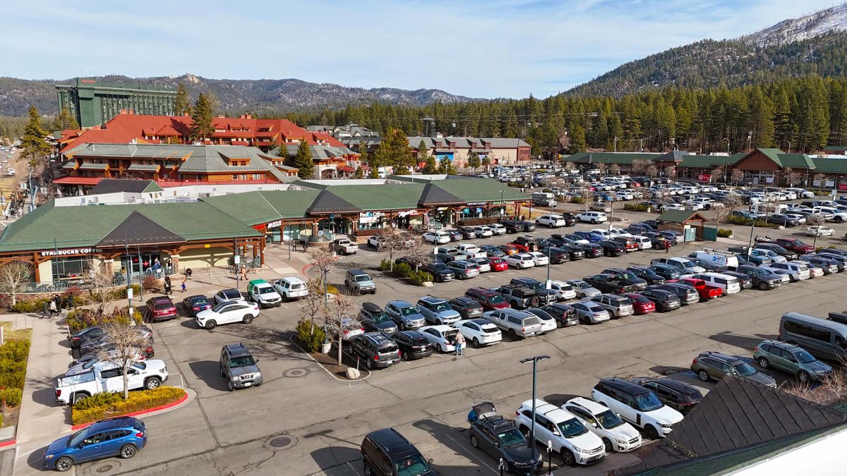village center shopping center parking lot on a sunny day